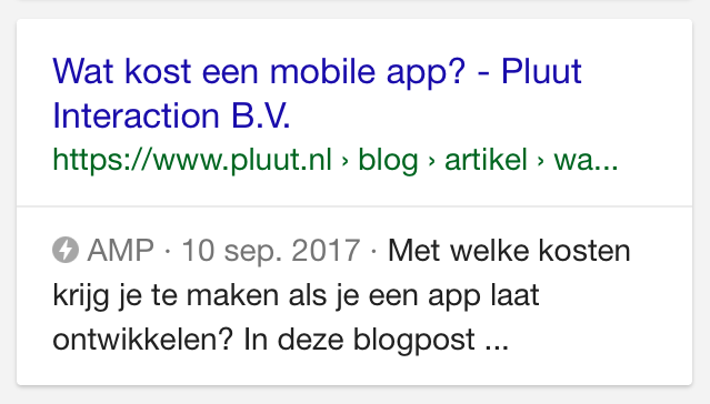 Een AMP pagina herken je aan het bliksem icoon