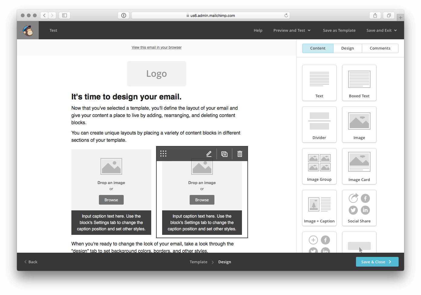 Weergave van de Mailchimp builder