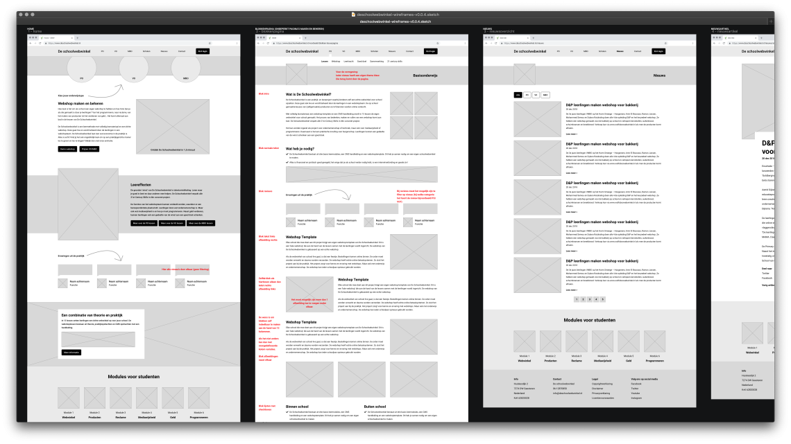 Wireframes van de commerciële website