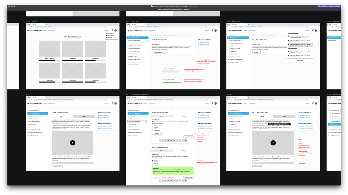 Wireframes van de elektronische leeromgeving