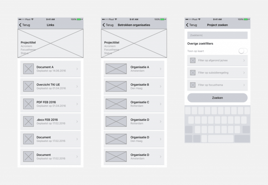 Wireframes van de RVO apps
