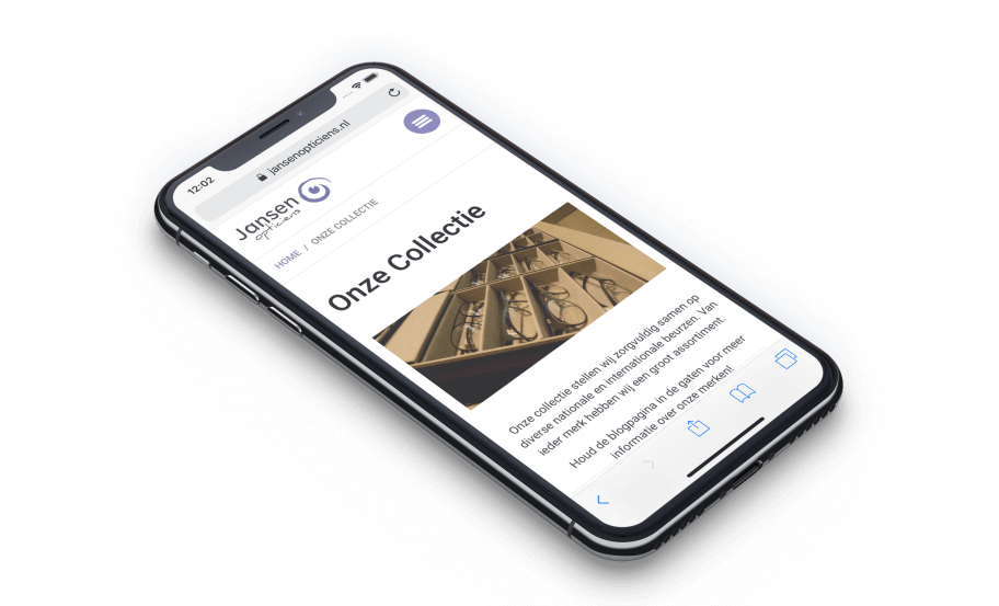 Weergave van de optiek website op een iPhone X